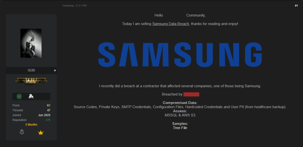 Hackers dark web post selling internal Samsung subsidiary files